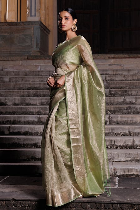 Geroo Jaipur_Green Tissue Zari Border Saree With Unstitched Blouse Piece _Online_at_Aza_Fashions