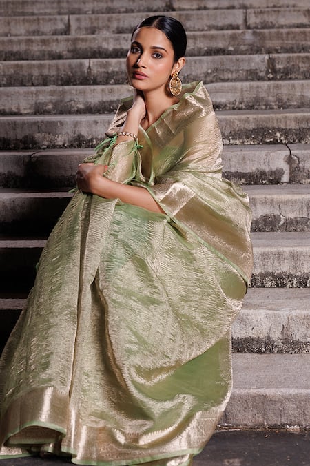 Shop_Geroo Jaipur_Green Tissue Zari Border Saree With Unstitched Blouse Piece _Online_at_Aza_Fashions
