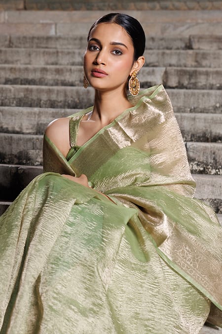 Geroo Jaipur_Green Tissue Zari Border Saree With Unstitched Blouse Piece _at_Aza_Fashions