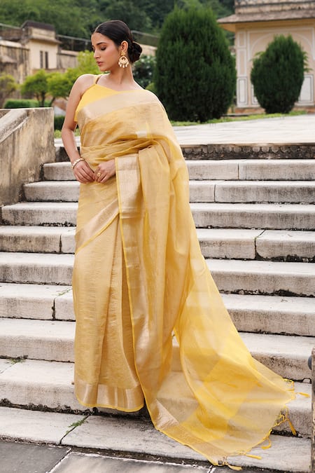 Geroo Jaipur Yellow Tissue Woven Zari Saree With Unstitched Blouse Piece 