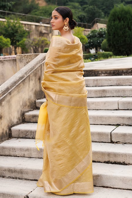 Shop Geroo Jaipur Yellow Tissue Zari Saree With Unstitched Blouse Piece at Aza Fashions Shop_Geroo Jaipur_Yellow Tissue Zari Saree With Unstitched Blouse Piece _at_Aza_Fashions