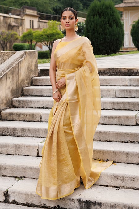 Geroo Jaipur Yellow Tissue Zari Saree With Unstitched Blouse Piece Online at Aza Fashions Geroo Jaipur_Yellow Tissue Zari Saree With Unstitched Blouse Piece _Online_at_Aza_Fashions