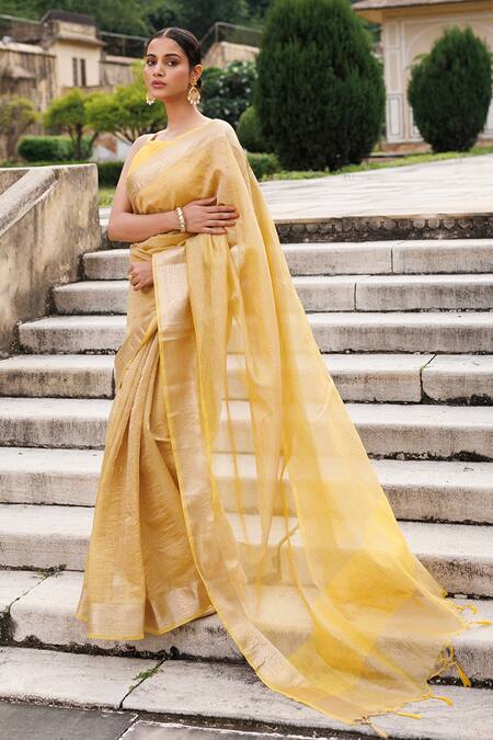 Buy Geroo Jaipur Yellow Tissue Zari Saree With Unstitched Blouse Piece Online at Aza Fashions Buy_Geroo Jaipur_Yellow Tissue Zari Saree With Unstitched Blouse Piece _Online_at_Aza_Fashions