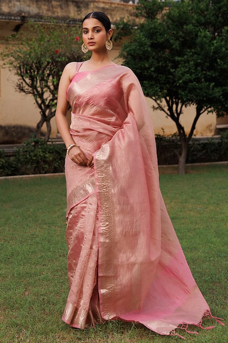 Geroo Jaipur_Pink Tissue Zari Crinkle Saree With Unstitched Blouse Piece _Online_at_Aza_Fashions