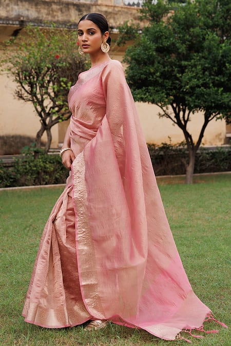 Buy_Geroo Jaipur_Pink Tissue Zari Crinkle Saree With Unstitched Blouse Piece _Online_at_Aza_Fashions