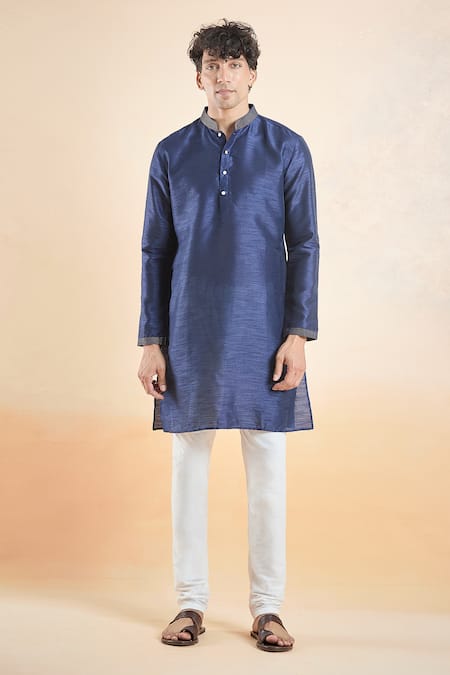 Buy Arihant Rai Sinha Blue Silk, Chanderi Embroidery Sleeve Kurta Set Buy_Arihant Rai Sinha_Blue Silk, Chanderi Embroidery Sleeve Kurta Set
