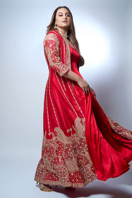 PUNIT BALANA Red Satin Silk Embroidery Rani Sa Gul Marodi And Work Long Jacket With Anarkali 