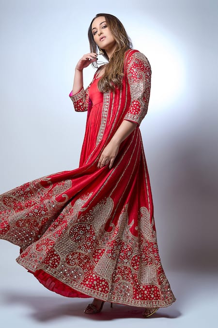 Shop_Punit Balana_Red Satin, Silk Embroidery, Rani Sa Gul Marodi And Work Long Jacket With Anarkali _at_Aza_Fashions