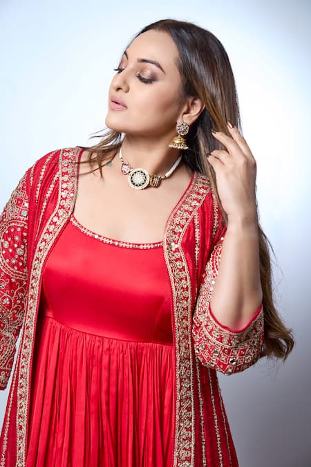Punit Balana_Red Satin, Silk Embroidery, Rani Sa Gul Marodi And Work Long Jacket With Anarkali _Online_at_Aza_Fashions