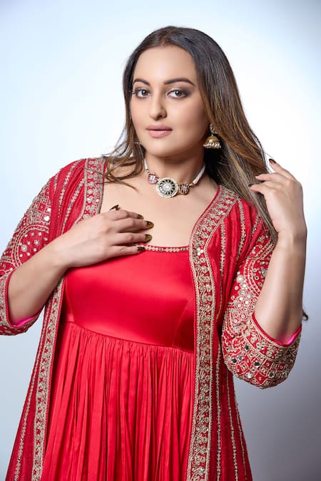 Buy_Punit Balana_Red Satin, Silk Embroidery, Rani Sa Gul Marodi And Work Long Jacket With Anarkali _Online_at_Aza_Fashions