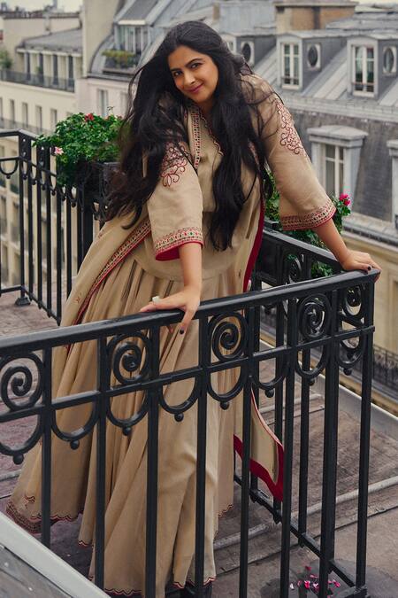 Shop_Punit Balana_Gold Silk Embroidery Scoop Neck Kasab And Resham Bloom Vine Cape & Skirt Set _Online_at_Aza_Fashions