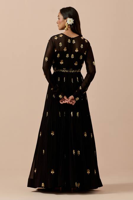 Shop Ikshita Choudhary Black Georgette, Linen Sequins, Cut Work, Embroidery Round Anarkali With Dupatta at Aza Fashions Shop_Ikshita Choudhary_Black Georgette, Linen Sequins, Cut Work, Embroidery Round Anarkali With Dupatta _at_Aza_Fashions