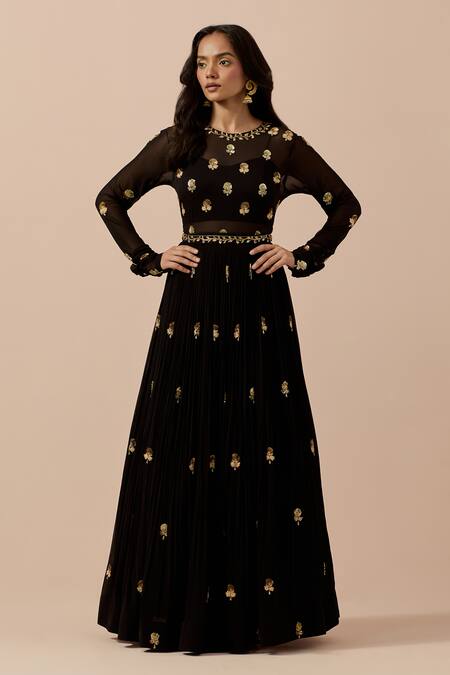 Ikshita Choudhary Black Georgette, Linen Sequins, Cut Work, Embroidery Round Anarkali With Dupatta Online at Aza Fashions Ikshita Choudhary_Black Georgette, Linen Sequins, Cut Work, Embroidery Round Anarkali With Dupatta _Online_at_Aza_Fashions