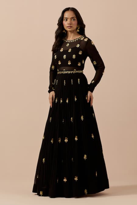 Buy Ikshita Choudhary Black Georgette, Linen Sequins, Cut Work, Embroidery Round Anarkali With Dupatta Online at Aza Fashions Buy_Ikshita Choudhary_Black Georgette, Linen Sequins, Cut Work, Embroidery Round Anarkali With Dupatta _Online_at_Aza_Fashions