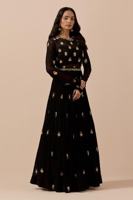 Shop Ikshita Choudhary Black Georgette, Linen Sequins, Cut Work, Embroidery Round Anarkali With Dupatta Online at Aza Fashions Shop_Ikshita Choudhary_Black Georgette, Linen Sequins, Cut Work, Embroidery Round Anarkali With Dupatta _Online_at_Aza_Fashions