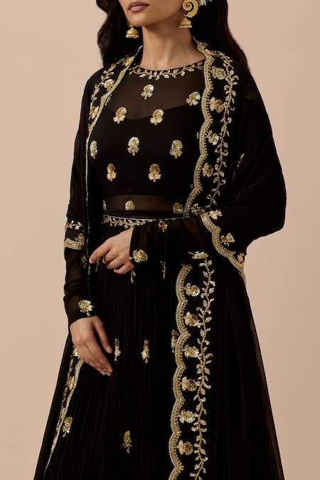 Buy Ikshita Choudhary Black Georgette, Linen Sequins, Cut Work, Embroidery Round Anarkali With Dupatta Buy_Ikshita Choudhary_Black Georgette, Linen Sequins, Cut Work, Embroidery Round Anarkali With Dupatta