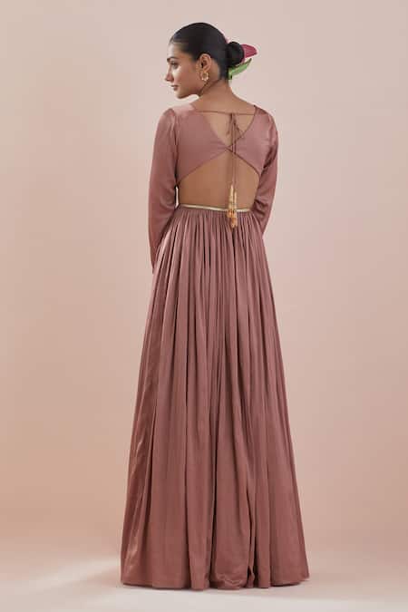 Shop Ikshita Choudhary Brown Modal, Organza, Satin Sequins Waistband Embroidered Anarkali With Dupatta at Aza Fashions Shop_Ikshita Choudhary_Brown Modal, Organza, Satin Sequins Waistband Embroidered Anarkali With Dupatta _at_Aza_Fashions