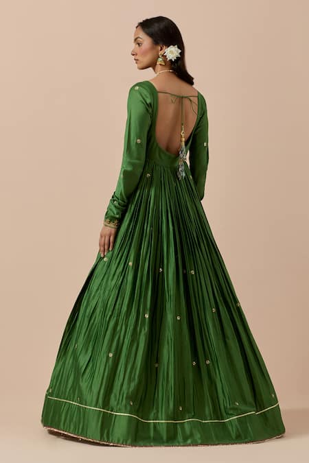 Shop Ikshita Choudhary Green Chanderi, Organza, Muslin Cut Floral Placement Anarkali With Dupatta at Aza Fashions Shop_Ikshita Choudhary_Green Chanderi, Organza, Muslin Cut Floral Placement Anarkali With Dupatta _at_Aza_Fashions