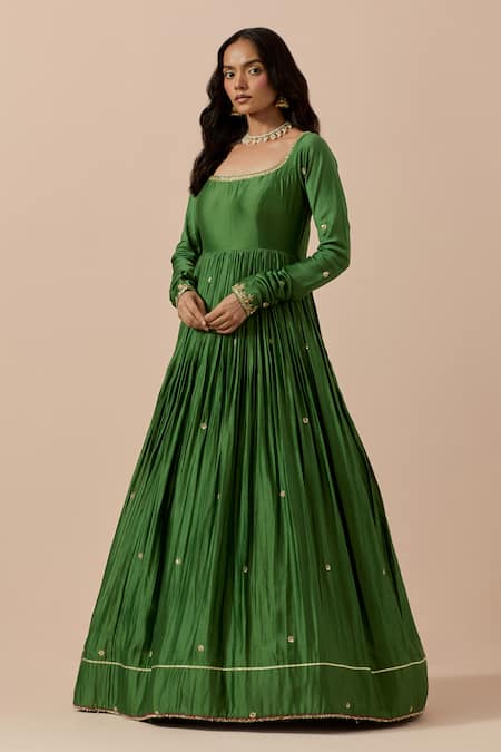 Buy Ikshita Choudhary Green Chanderi, Organza, Muslin Cut Floral Placement Anarkali With Dupatta Online at Aza Fashions Buy_Ikshita Choudhary_Green Chanderi, Organza, Muslin Cut Floral Placement Anarkali With Dupatta _Online_at_Aza_Fashions
