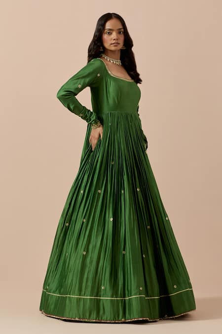 Shop Ikshita Choudhary Green Chanderi, Organza, Muslin Cut Floral Placement Anarkali With Dupatta Online at Aza Fashions Shop_Ikshita Choudhary_Green Chanderi, Organza, Muslin Cut Floral Placement Anarkali With Dupatta _Online_at_Aza_Fashions