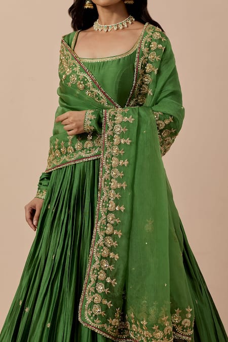 Buy Ikshita Choudhary Green Chanderi, Organza, Muslin Cut Floral Placement Anarkali With Dupatta Buy_Ikshita Choudhary_Green Chanderi, Organza, Muslin Cut Floral Placement Anarkali With Dupatta