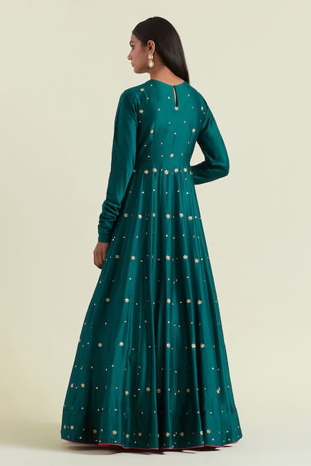 Shop Ikshita Choudhary Green Chanderi, Organza, Cotton Floral Embroidered Anarkali With Dupatta at Aza Fashions Shop_Ikshita Choudhary_Green Chanderi, Organza, Cotton Floral Embroidered Anarkali With Dupatta _at_Aza_Fashions