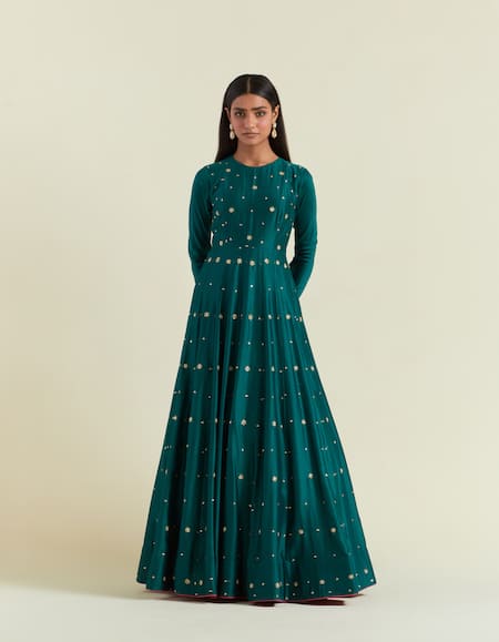 Ikshita Choudhary Green Chanderi, Organza, Cotton Floral Embroidered Anarkali With Dupatta Online at Aza Fashions Ikshita Choudhary_Green Chanderi, Organza, Cotton Floral Embroidered Anarkali With Dupatta _Online_at_Aza_Fashions