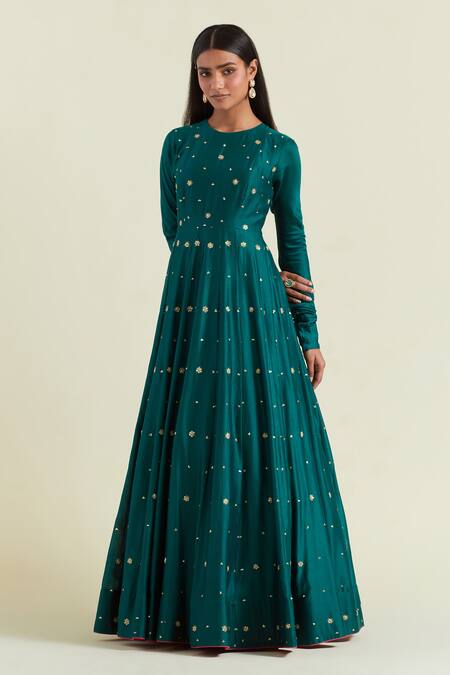 Shop Ikshita Choudhary Green Chanderi, Organza, Cotton Floral Embroidered Anarkali With Dupatta Online at Aza Fashions Shop_Ikshita Choudhary_Green Chanderi, Organza, Cotton Floral Embroidered Anarkali With Dupatta _Online_at_Aza_Fashions