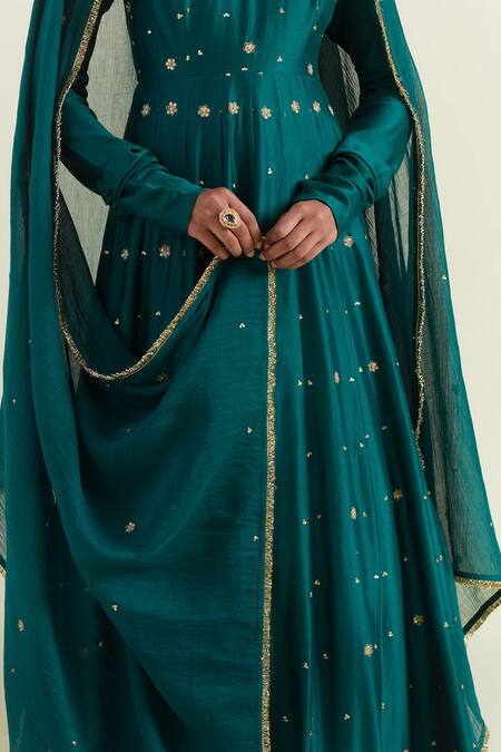 Buy Ikshita Choudhary Green Chanderi, Organza, Cotton Floral Embroidered Anarkali With Dupatta Buy_Ikshita Choudhary_Green Chanderi, Organza, Cotton Floral Embroidered Anarkali With Dupatta
