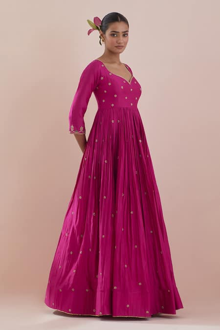 Ikshita Choudhary_Magenta Chanderi, Organza, Cotton Zardozi Embroidered Anarkali With Dupatta _Online_at_Aza_Fashions