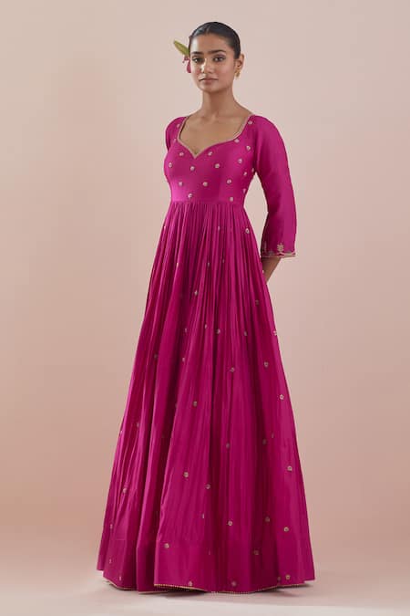 Buy_Ikshita Choudhary_Magenta Chanderi, Organza, Cotton Zardozi Embroidered Anarkali With Dupatta _Online_at_Aza_Fashions