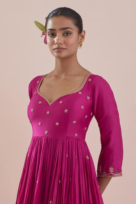 Shop_Ikshita Choudhary_Magenta Chanderi, Organza, Cotton Zardozi Embroidered Anarkali With Dupatta _Online_at_Aza_Fashions