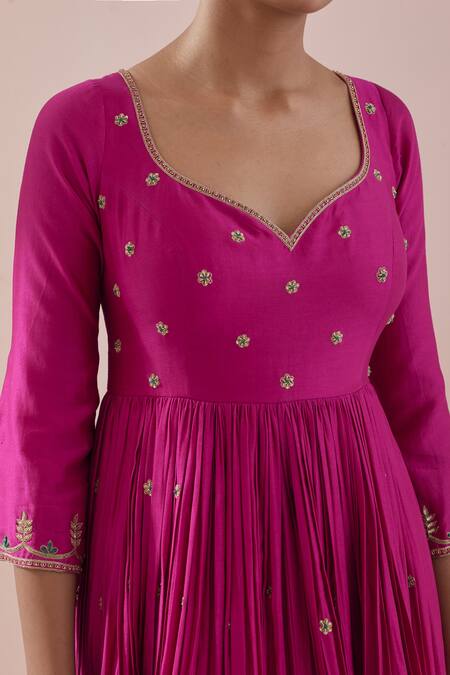Ikshita Choudhary_Magenta Chanderi, Organza, Cotton Zardozi Embroidered Anarkali With Dupatta _at_Aza_Fashions