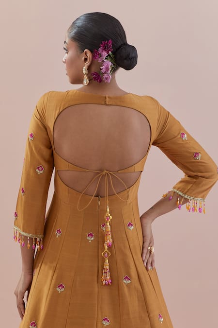 Ikshita Choudhary Yellow Chanderi, Organza, Cotton Flower Embroidered Anarkali With Dupatta Online at Aza Fashions Ikshita Choudhary_Yellow Chanderi, Organza, Cotton Flower Embroidered Anarkali With Dupatta _Online_at_Aza_Fashions