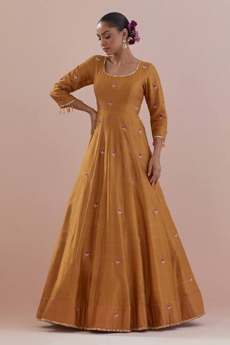 Buy Ikshita Choudhary Yellow Chanderi, Organza, Cotton Flower Embroidered Anarkali With Dupatta Online at Aza Fashions Buy_Ikshita Choudhary_Yellow Chanderi, Organza, Cotton Flower Embroidered Anarkali With Dupatta _Online_at_Aza_Fashions