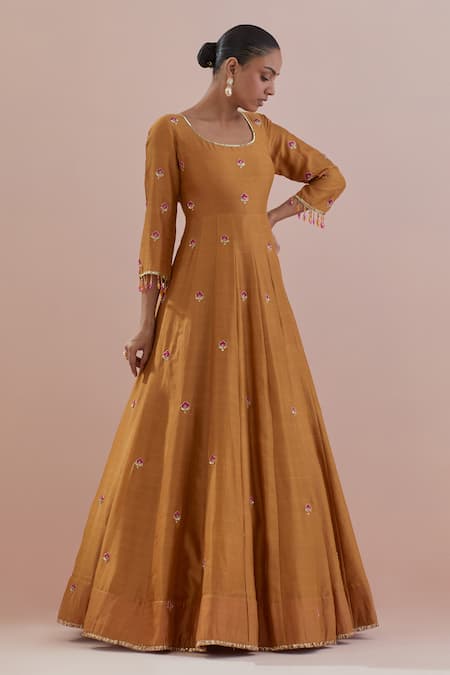 Ikshita Choudhary Yellow Chanderi, Organza, Cotton Flower Embroidered Anarkali With Dupatta at Aza Fashions Ikshita Choudhary_Yellow Chanderi, Organza, Cotton Flower Embroidered Anarkali With Dupatta _at_Aza_Fashions