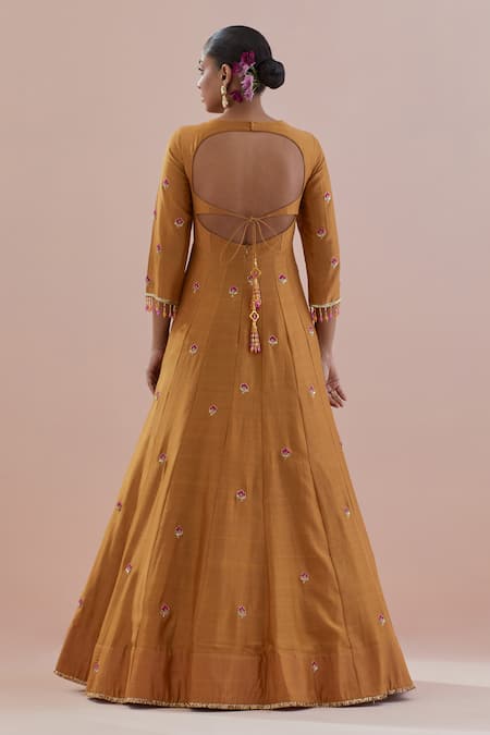 Shop Ikshita Choudhary Yellow Chanderi, Organza, Cotton Flower Embroidered Anarkali With Dupatta at Aza Fashions Shop_Ikshita Choudhary_Yellow Chanderi, Organza, Cotton Flower Embroidered Anarkali With Dupatta _at_Aza_Fashions