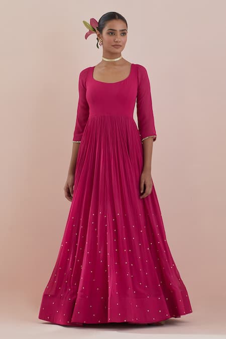 Ikshita Choudhary Pink Chanderi, Organza, Cotton Sequins, Border Embroidered Anarkali With Dupatta Online at Aza Fashions Ikshita Choudhary_Pink Chanderi, Organza, Cotton Sequins, Border Embroidered Anarkali With Dupatta _Online_at_Aza_Fashions
