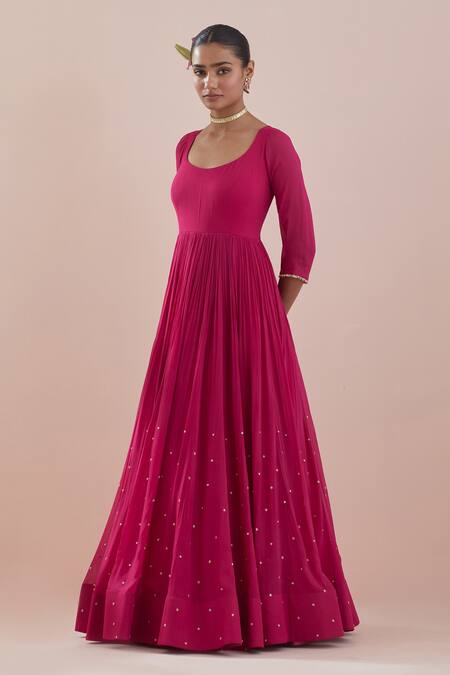 Shop Ikshita Choudhary Pink Chanderi, Organza, Cotton Sequins, Border Embroidered Anarkali With Dupatta Online at Aza Fashions Shop_Ikshita Choudhary_Pink Chanderi, Organza, Cotton Sequins, Border Embroidered Anarkali With Dupatta _Online_at_Aza_Fashions