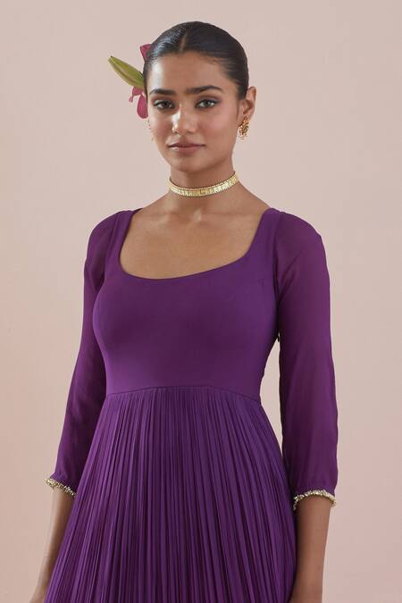 Shop Ikshita Choudhary Purple Chanderi, Organza, Cotton Sequins, Zari Scoop Work Anarkali With Dupatta Online at Aza Fashions Shop_Ikshita Choudhary_Purple Chanderi, Organza, Cotton Sequins, Zari Scoop Work Anarkali With Dupatta _Online_at_Aza_Fashions