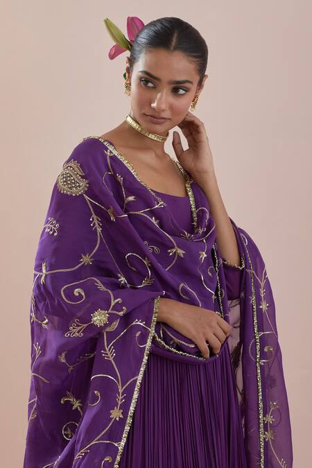 Shop Ikshita Choudhary Purple Chanderi, Organza, Cotton Sequins, Zari Scoop Work Anarkali With Dupatta Shop_Ikshita Choudhary_Purple Chanderi, Organza, Cotton Sequins, Zari Scoop Work Anarkali With Dupatta