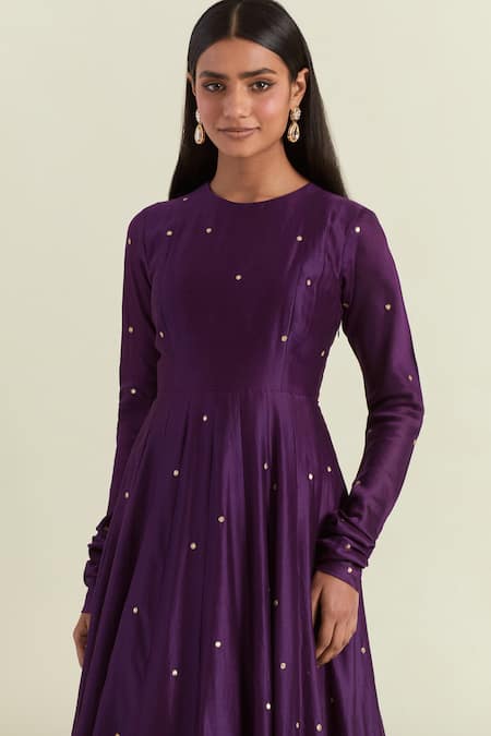 Shop Ikshita Choudhary Purple Chanderi, Organza, Cotton Sequins, Geometric Embroidered Anarkali Set Online at Aza Fashions Shop_Ikshita Choudhary_Purple Chanderi, Organza, Cotton Sequins, Geometric Embroidered Anarkali Set _Online_at_Aza_Fashions