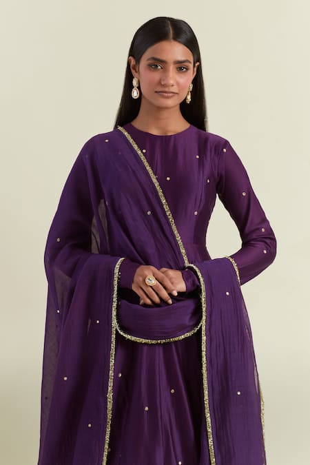 Ikshita Choudhary Purple Chanderi, Organza, Cotton Sequins, Geometric Embroidered Anarkali Set at Aza Fashions Ikshita Choudhary_Purple Chanderi, Organza, Cotton Sequins, Geometric Embroidered Anarkali Set _at_Aza_Fashions