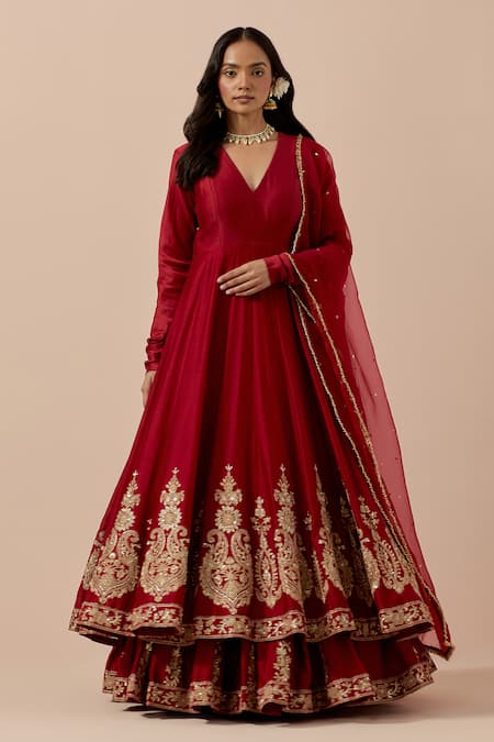 Ikshita Choudhary Red Anarkali And Skirt Pure Chanderi Embroidery Zari Thread Paisley Border Set 