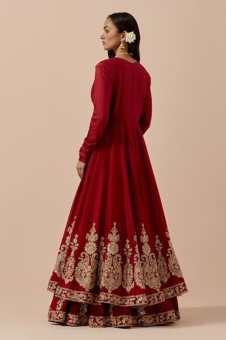 Shop Ikshita Choudhary Red Chanderi, Organza, Muslin Zari, Paisley Border Embroidered Anarkali Set at Aza Fashions Shop_Ikshita Choudhary_Red Chanderi, Organza, Muslin Zari, Paisley Border Embroidered Anarkali Set _at_Aza_Fashions