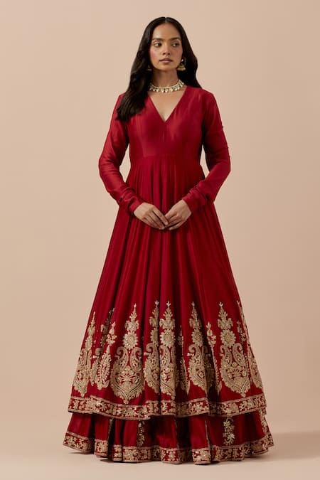 Ikshita Choudhary Red Chanderi, Organza, Muslin Zari, Paisley Border Embroidered Anarkali Set Online at Aza Fashions Ikshita Choudhary_Red Chanderi, Organza, Muslin Zari, Paisley Border Embroidered Anarkali Set _Online_at_Aza_Fashions