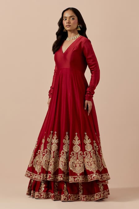 Buy Ikshita Choudhary Red Chanderi, Organza, Muslin Zari, Paisley Border Embroidered Anarkali Set Online at Aza Fashions Buy_Ikshita Choudhary_Red Chanderi, Organza, Muslin Zari, Paisley Border Embroidered Anarkali Set _Online_at_Aza_Fashions