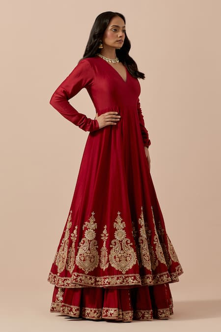 Shop Ikshita Choudhary Red Chanderi, Organza, Muslin Zari, Paisley Border Embroidered Anarkali Set Online at Aza Fashions Shop_Ikshita Choudhary_Red Chanderi, Organza, Muslin Zari, Paisley Border Embroidered Anarkali Set _Online_at_Aza_Fashions