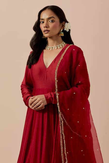 Buy Ikshita Choudhary Red Chanderi, Organza, Muslin Zari, Paisley Border Embroidered Anarkali Set Buy_Ikshita Choudhary_Red Chanderi, Organza, Muslin Zari, Paisley Border Embroidered Anarkali Set