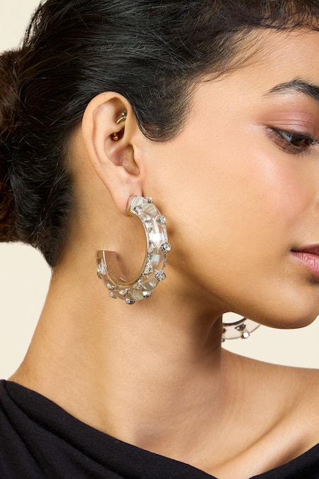 Isharya_White Mirrors Chaand Embellished Hoops_Online_at_Aza_Fashions
